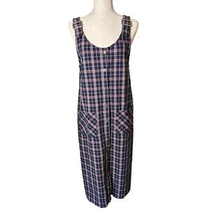 Vintage Mountain Lake Cotton Plaid Jumper Midi Dress Pockets Size PM Cottagecore